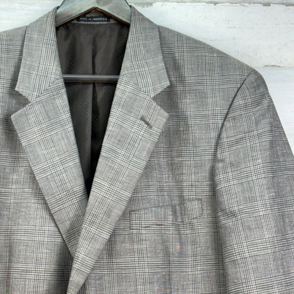 Alfani 44L Blazer Grey Glen‎ Plaid Wool Linen Blend Sport Coat 2 Button Jacket